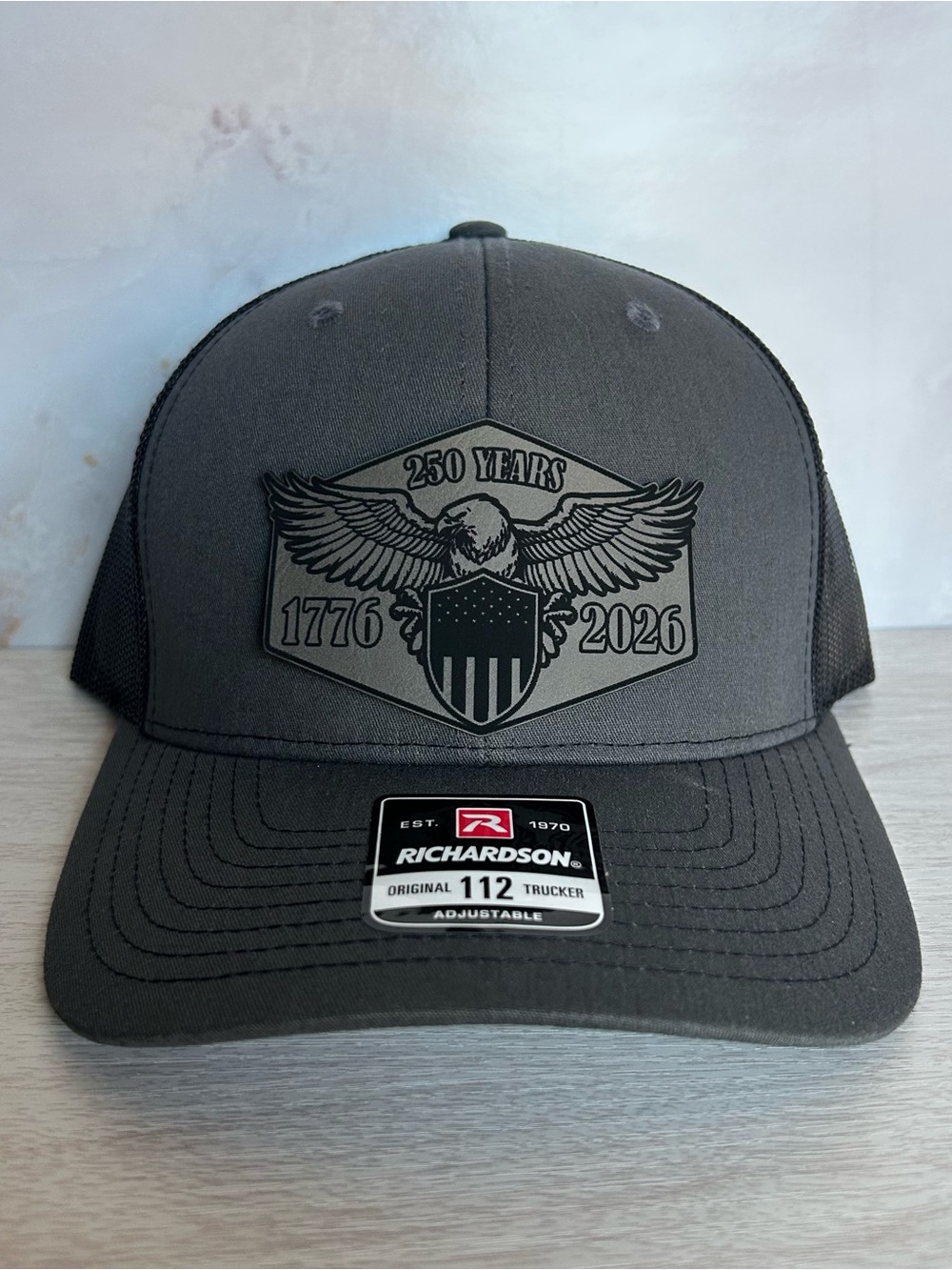 🇺🇸 Richardson 112 Trucker Hat 1776-2026 250 Years USA. Laser Engraved Patch.